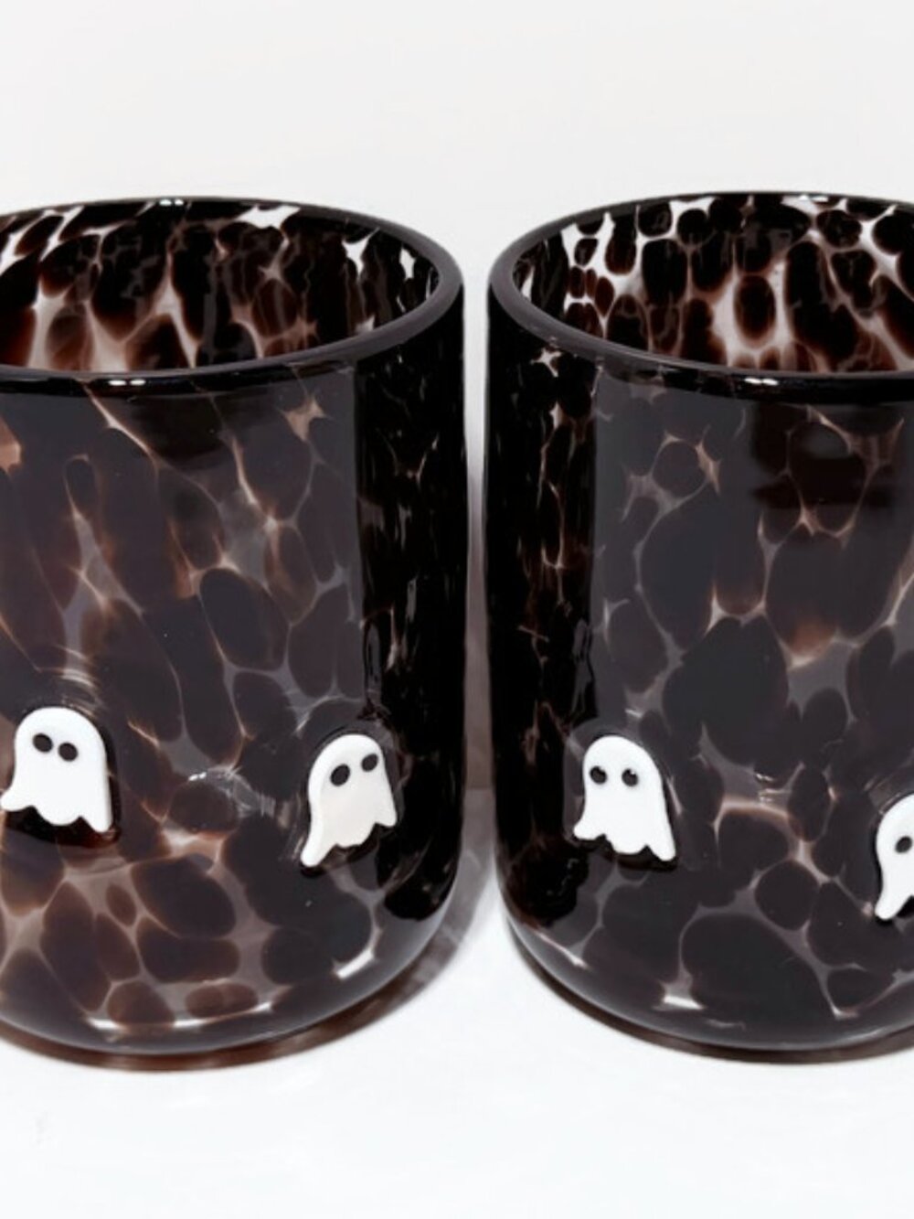 Pair of Handblown Glass, Speckled Dark Brown Glass Tumblers with White Ghosts